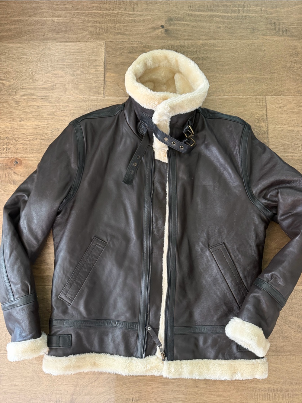 Men's Dark Brown Leather Jacket with Cream Faux Fur Trim, Small, NWT